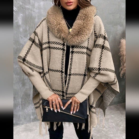 Comfy Faux Vegan Fur Plaid Fringe Cuff Sleeve Shawl Sweater Cardigan - Picture 9 of 12